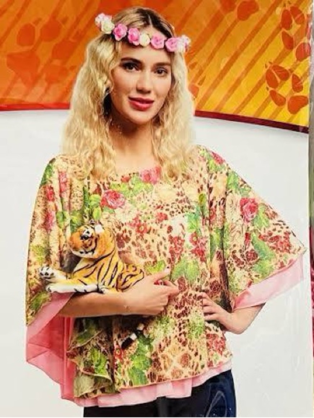 Spirit Floral and Leopard Print Flutter-Sleeve Tunic - Tiger King Lady
